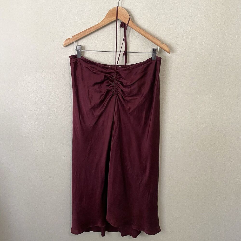 Vintage 100% Silk Burgundy Slip Dress Ruched Front Bias Cut 90s Y2K Halter Sz L